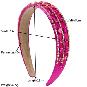 Elegant rose pink fabric headband with inlaid crystals and dimension measurements