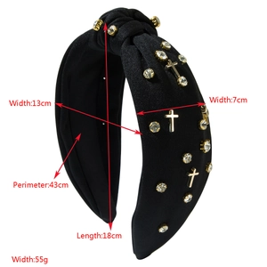 Gothic black knotted headband with rhinestone chains and golden cross embellishment