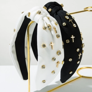 Vintage Knotted Wide Headband With Alloy Cross Charms Fabric Rhinestone Hair Band For Women Fashion Hair Accessories