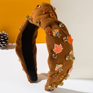 Serre-tête en velours côtelé marron pour Thanksgiving avec dinde et feuilles d'érable