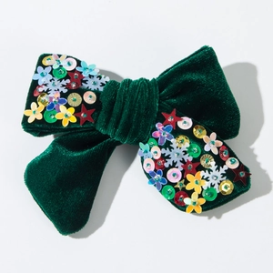 Fiocco di Natale in velluto verde scuro con paillettes, stelle e accenti floreali
