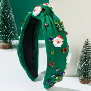 Christmas headband with Santa Claus and sequined tree on green knotted fabric