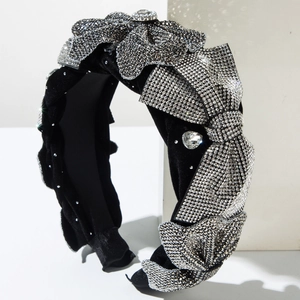 Elegant black velvet headband with luxury full rhinestones and bow design for banquets