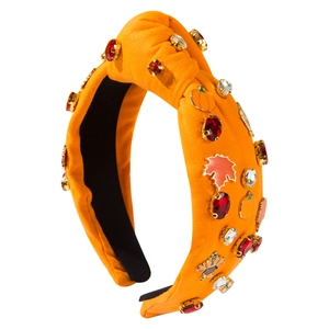 Serre-tête d'automne orange orné de feuilles d'érable, citrouilles et cristaux brillants