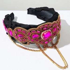 Cerchietto barocco con cristalli magenta e lunghe catene a frange dorate