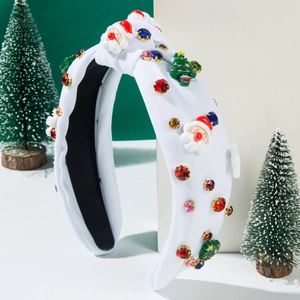 Christmas headband with Santa Claus, mini trees and colorful rhinestones on white fabric