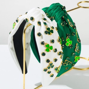 Serre-tête Noué Saint-Patrick pour Femmes Breloques Trèfle Vert Strass Incrusté Bandeau en Tissu Large Accessoires Cheveux Fête Festive