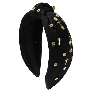 Black knotted headband featuring golden metal crosses and sparkling crystal rhinestones