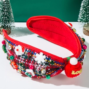Detail of red plaid Christmas headband with 3D Santa Claus and festive love knit hat