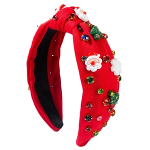 Christmas knotted headband with Santa Claus, Xmas trees and colorful rhinestones