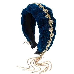 Handmade woven velvet headband in navy blue with gold trim and rhinestone tassel chains