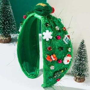 Festive Christmas headband in forest green with Santa, snowflake and beads decor