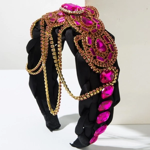 Cerchietto barocco intrecciato nero con cristalli rosa e nappe a catena dorata per feste