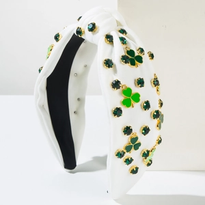 Serre-tête noué blanc avec strass verts et trèfles pour la fête de la Saint-Patrick