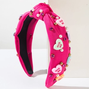 Serre-tête noué rose avec breloques en cœur, perles et strass pour la Saint-Valentin