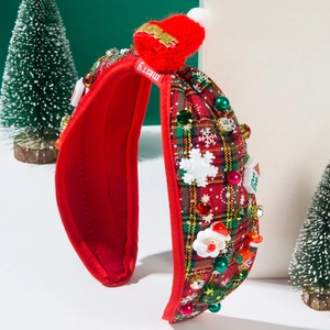 Festive Christmas headband with red plaid fabric, mini Santa hat and Love embroidery