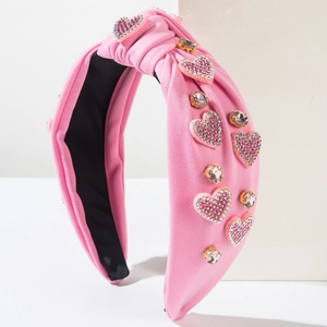 Serre-tête noué rose avec cristaux en forme de cœur et strass brillants pour femmes