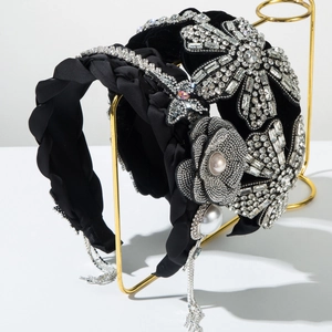 Diadema de Terciopelo Negro Acolchada Vintage Con Flores de Estrás y Perlas Artificiales de Imitación Elegante Accesorio Cabello Mujer Boda