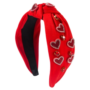 Serre-tête large à nœud rouge avec strass en forme de cœur et pierres de fête brillantes