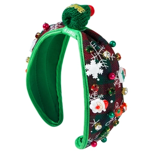 Christmas plaid headband with Santa Claus and snowflake charms on white background