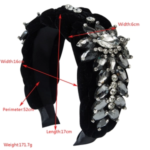 Velvet braided headband with hand-stitched crystals and detailed size measurements