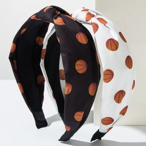 Women Sporty Knotted Headbands Basketball Print Wide Fabric Hair Band Non-Slip Printed Fashion Hair Accessories Black And White