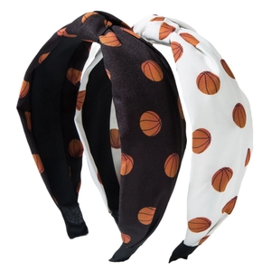 Two-pack knotted wide headbands with basketball print in black and white styles