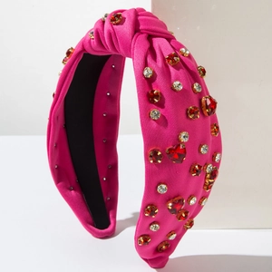 Rose red wide knot headband with sparkling heart-shaped crystals and gold settings