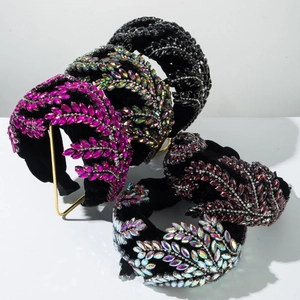 Serre-tête Rembourré en Velours Noir de Luxe pour Femmes Motif Feuilles et Strass Bandeau Large Accessoires de Cheveux Fête