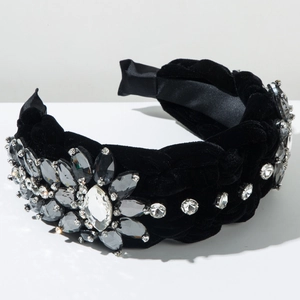Close-up of luxury black velvet braided headband featuring grey marquise gemstones