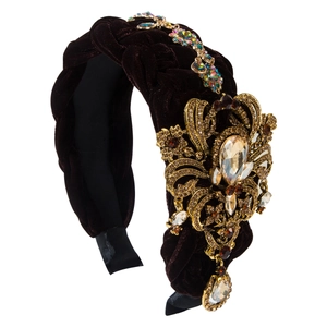 Serre-tête tressé en velours avec fleur en cristal baroque et détails de glands