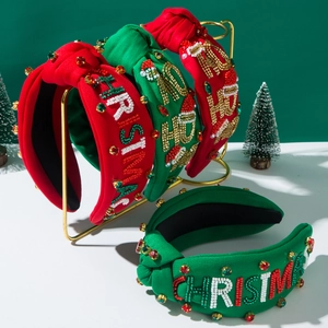 Christmas Knotted Headband For Women Handmade Beaded Rhinestone Letter Merry Christmas Ho Ho Ho Wide Hair Band Festive Accessory