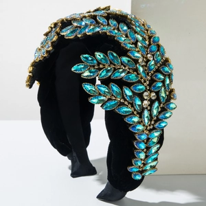 Cerchietto barocco in velluto nero con strass di cristallo blu a foglia d'acero