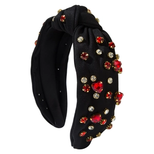 Sparkling sponge padded headband with red and white rhinestones on black fabric