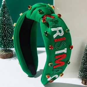 Green Christmas knotted headband with festive beads, crystals and Christmas embroidery