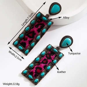 Vintage bohemian oval earrings with turquoise accents and leopard print leather inlay
