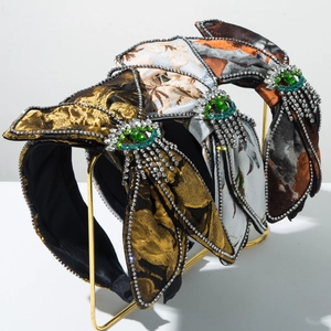 Serre-tête Large Style Cour Rétro Pour Femme Œil Maléfique en Strass Nœud Serre-tête en Tissu Luxueux Bijoux de Fête