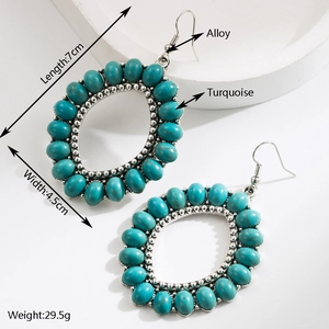 Bohemian large oval turquoise earrings with silver beads, measuring 7cm by 4.5cm