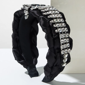 Cerchietto largo in raso nero intrecciato di lusso con strass di cristallo scintillanti