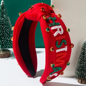 Christmas knotted headband with red beads and Christmas lettering for festive celebrations