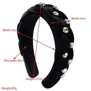 Ethnic style black velvet braided headband with sparkling rhinestone embellishments