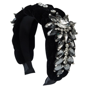 Padded black velvet braided headband with sparkling rhinestone floral clusters for women