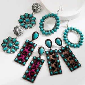 Bohemian Vintage Turquoise Alloy Drop Earrings Western Style Leopard Print Geometric Faux Fur Dangle Earrings For Women Jewelry