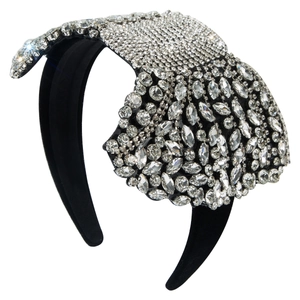 Serre-tête étincelant avec nœud en strass et base large en tissu noir pour coiffure