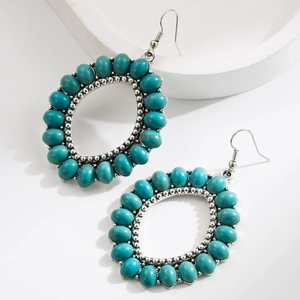 Bohemian silver oval turquoise drop earrings with vintage beaded edge and fishhook clasp