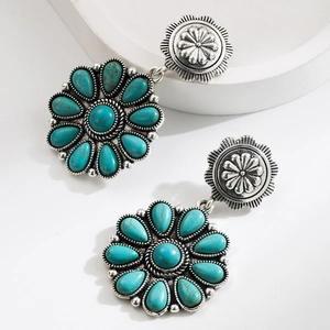 Vintage bohemian turquoise earrings with hollowed-out leopard print leather and silver finish