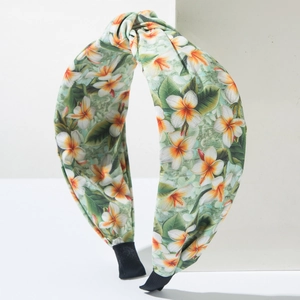 Bohemian style green tropical plumeria print knotted headband for women fashion hair accessory
