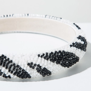 Serre-tête perlé fait main avec motif floral noir et blanc et base éponge large rembourrée