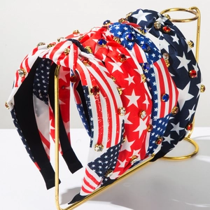US Flag Independence Day Knotted Headband For Women Rhinestone Star Stripes Patriotic Hair Accessories Red White Blue