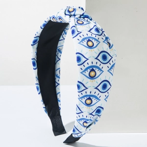 Stilvolles Evil Eye Muster Haarband aus weißem Stoff mit Knotendetail für Damen
